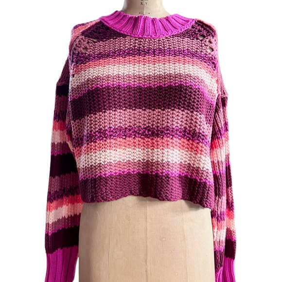 Free People Devon Cropped Knit Striped Sweater in Fuchsia Rose, Sz Sm - Picture 16 of 16